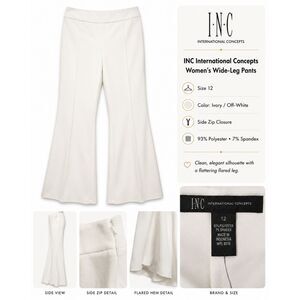 INC International Concepts Ivory Wide Leg Flare Pants Size 12 Side Zip
